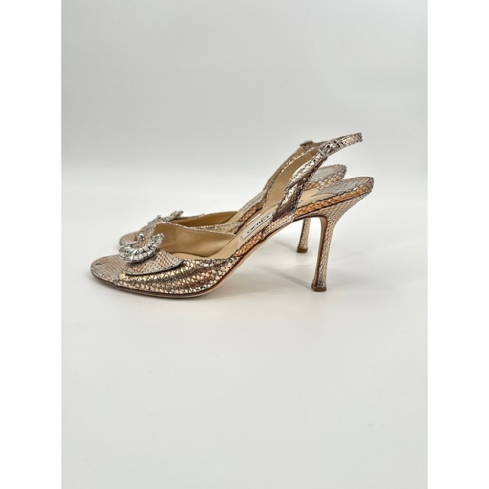 Jimmy Choo Metallic Watersnake Skin Crystal Buckle Slingback Heels Gold 39.5 - Picture 8 of 10